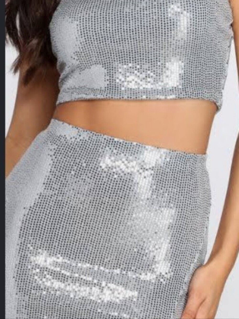 Windsor Sequin Star 2-Piece Crop Top & Mini Skirt Set - Light Blue / Silver - L